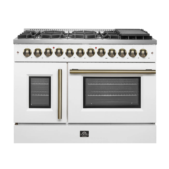 Forno Galiano 48-Inch French Door Dual Fuel Range with 8 Burners and 6.58 Cu. Ft. Electric Convection Oven in White with Antique Brass Handle (FFSGS6356-48WHT)