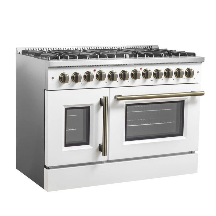 Forno Galiano 48-Inch French Door Dual Fuel Range with 8 Burners and 6.58 Cu. Ft. Electric Convection Oven in White with Antique Brass Handle (FFSGS6356-48WHT)