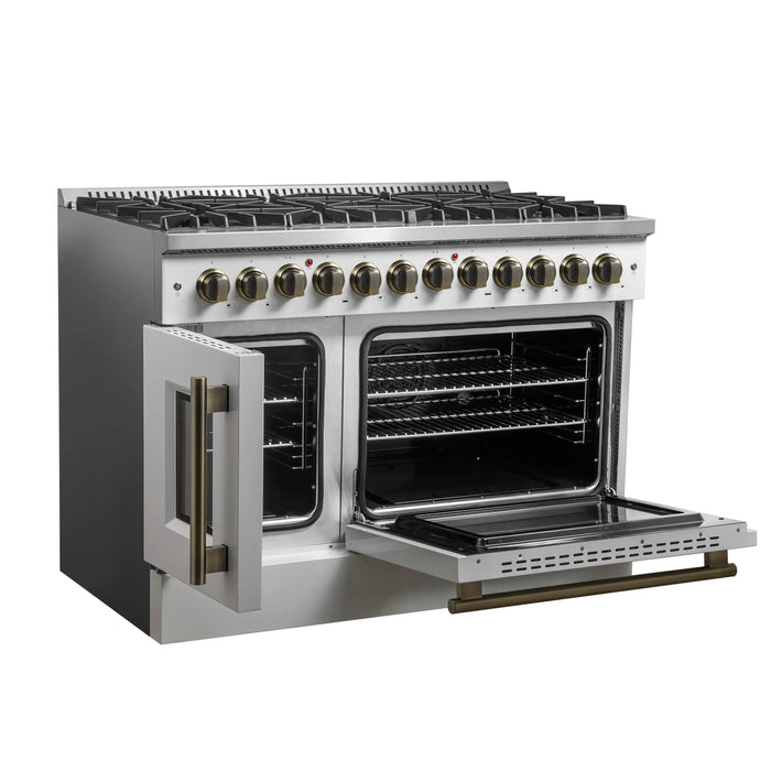 Forno Galiano 48-Inch French Door Dual Fuel Range with 8 Burners and 6.58 Cu. Ft. Electric Convection Oven in White with Antique Brass Handle (FFSGS6356-48WHT)