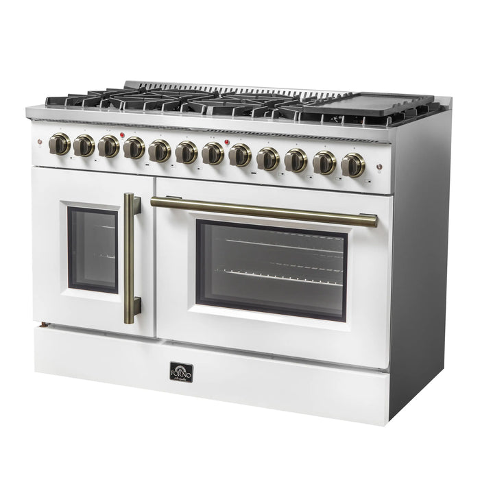 Forno Galiano 48-Inch French Door Dual Fuel Range with 8 Burners and 6.58 Cu. Ft. Electric Convection Oven in White with Antique Brass Handle (FFSGS6356-48WHT)