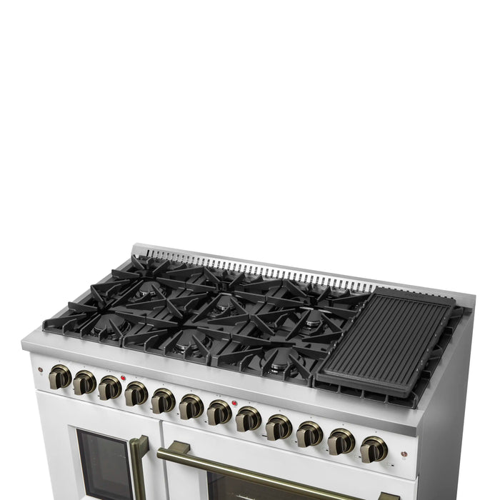 Forno Galiano 48-Inch French Door Dual Fuel Range with 8 Burners and 6.58 Cu. Ft. Electric Convection Oven in White with Antique Brass Handle (FFSGS6356-48WHT)