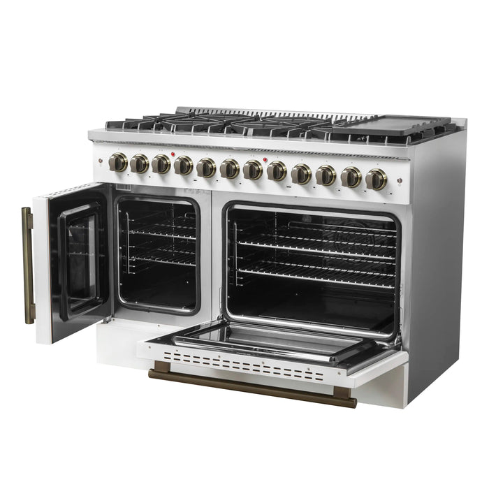Forno Galiano 48-Inch French Door Dual Fuel Range with 8 Burners and 6.58 Cu. Ft. Electric Convection Oven in White with Antique Brass Handle (FFSGS6356-48WHT)