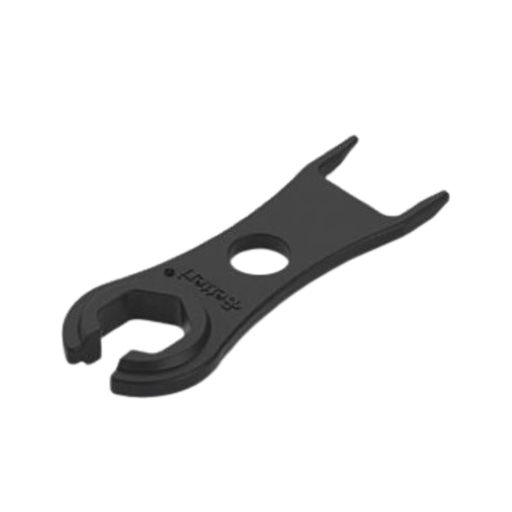 Duracell Power Center T-Connector Unlocking Tool - Black plastic MC4 solar connector wrench tool with dual ends and center hole, used for tightening and unlocking solar cable connectors, isolated on a white background.