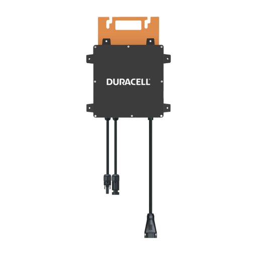 Duracell Power Center - Single Microinverter - D350-M1A - Duracell solar microinverter with orange mounting bracket and integrated DC/AC cables — front view.
