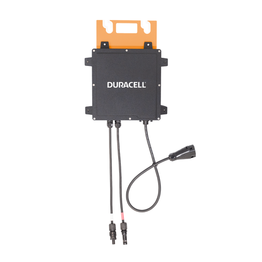 Duracell Power Center - Single Microinverter - D350-M1A - Duracell solar microinverter with integrated cables — compact black unit with orange mounting bracket.