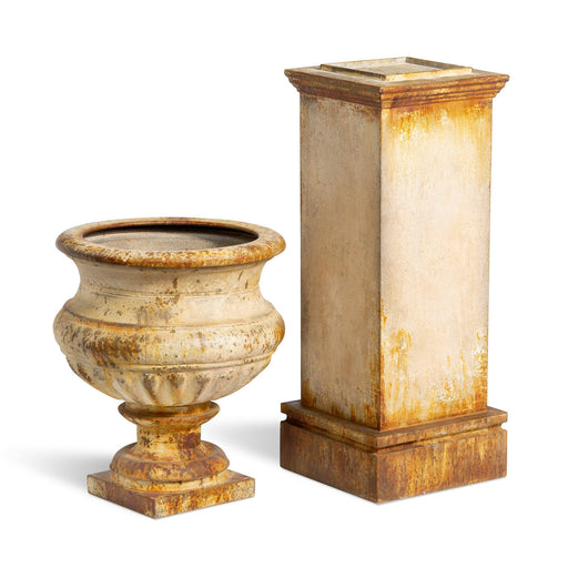 Metal Portico Urn with Tall Pedestal ECM06202B - angle view