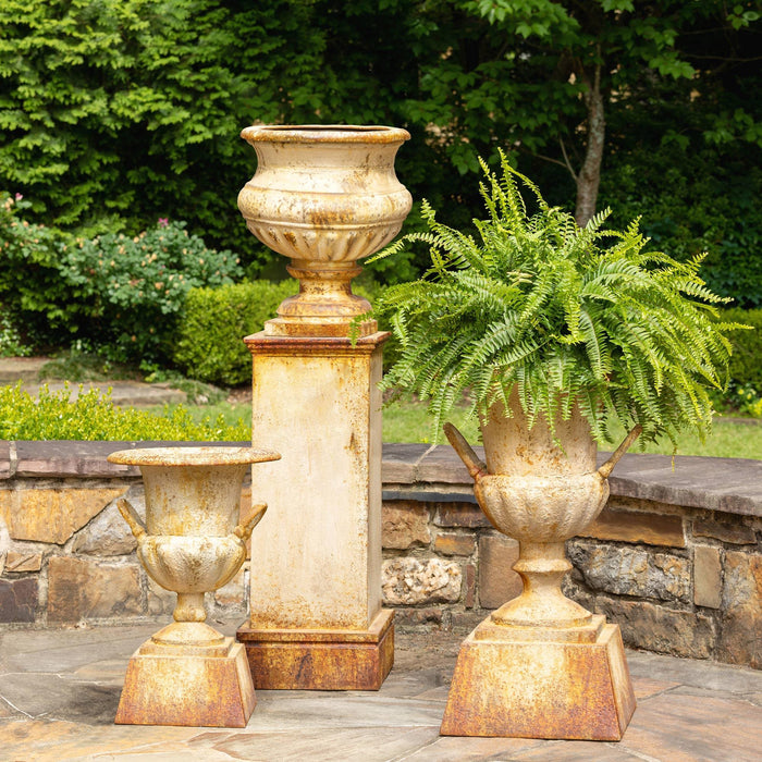 Metal Portico Urn with Tall Pedestal ECM06202B - detail close-up