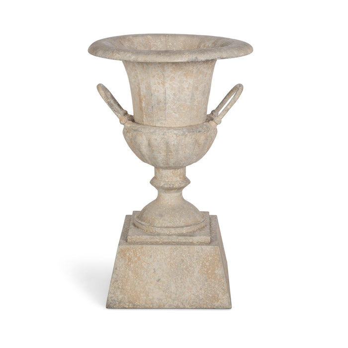 Park Hill Collection Fluted Metal Urn with Pedestal, 33" – Weathered Stone