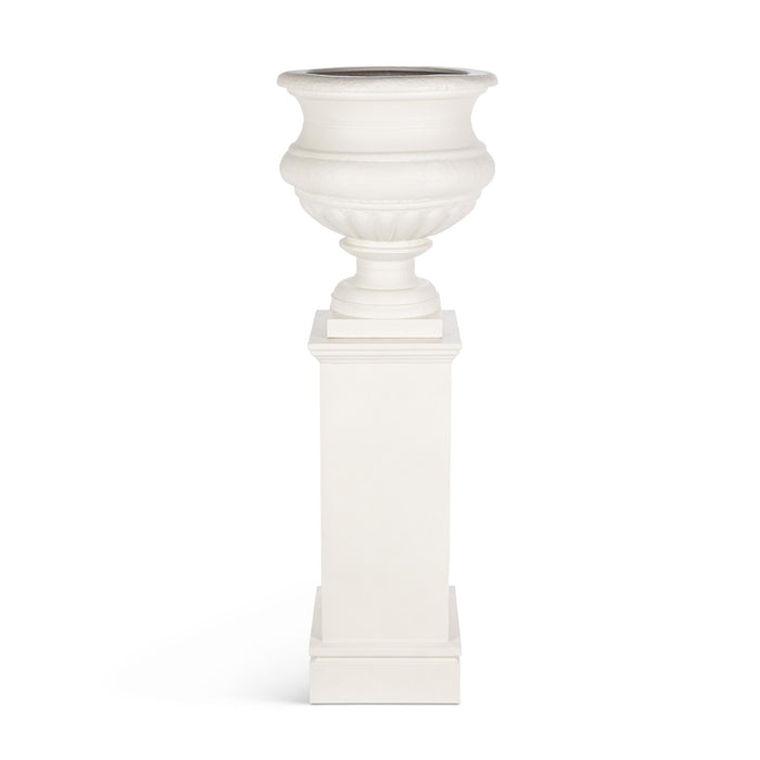 Park Hill Collection Large Metal Portico Urn with Tall Pedestal – Soft White