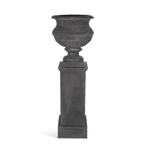 Park Hill Collection Large Metal Portico Urn with Tall Pedestal – Noir
