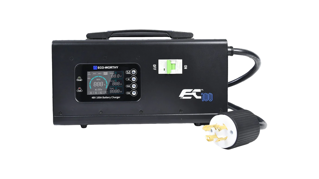 High quality photo of the ECO-WORTHY EC100 48V 100a Battery Charger Front View. Photo sourced by Current Connected from ECO-WORTHY.