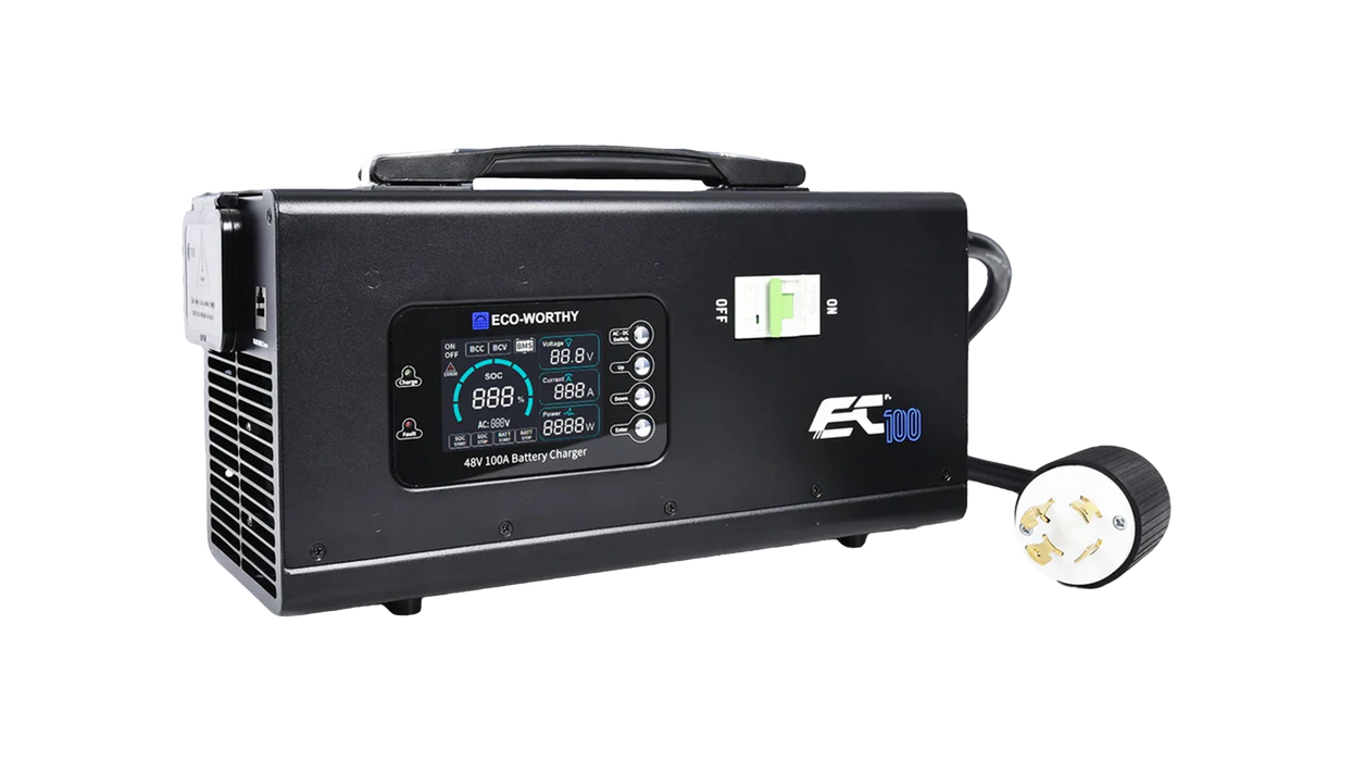 High quality photo of the ECO-WORTHY EC100 48V 100a Battery Charger Front Right View. Photo sourced by Current Connected from ECO-WORTHY.