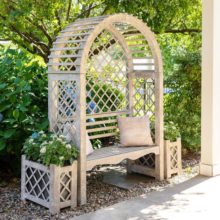 Park Hill Collections Garden Floral Iron Garden Trellis with Bench Storage Display Prop EDX20205 Park Hill Collection