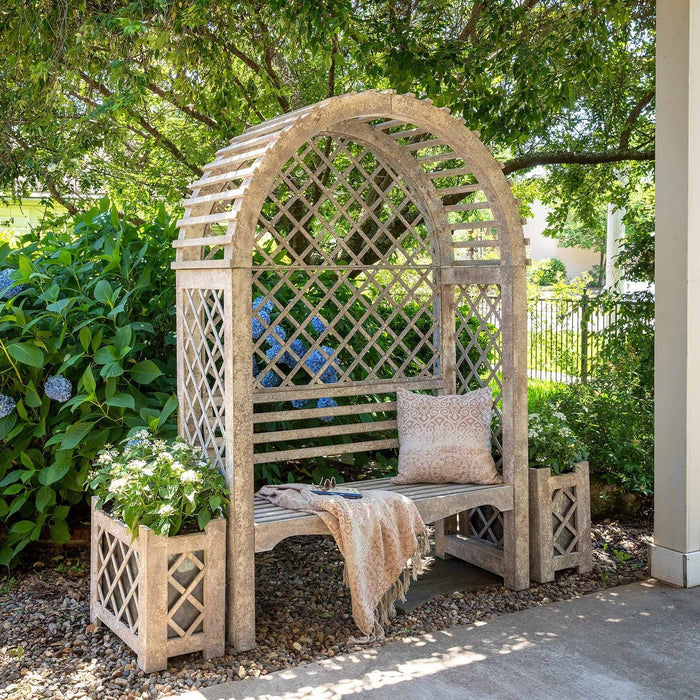 Park Hill Collections Garden Floral Iron Garden Trellis with Bench Storage Display Prop EDX20205 Park Hill Collection
