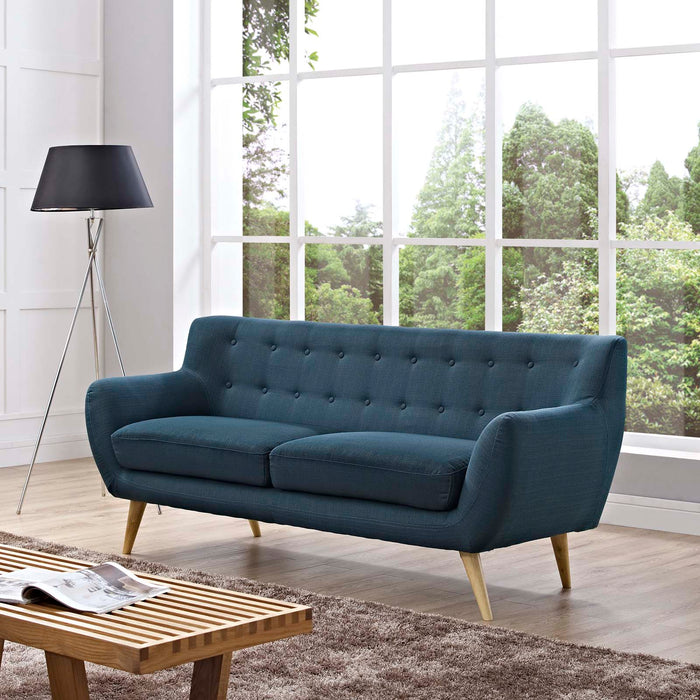 Remark Mid-Century Modern Upholstered Loveseat with Plush Cushions and Natural Wood Legs - detail close-up