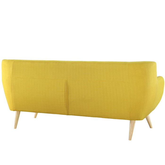 Remark Mid-Century Modern Upholstered Loveseat with Plush Cushions and Natural Wood Legs - product label