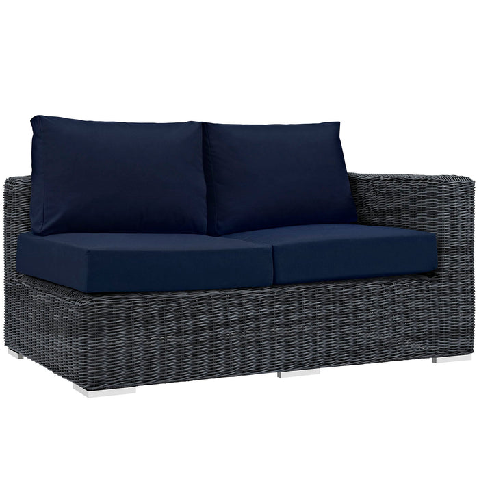 Summon Outdoor Patio Sunbrella® Right Arm Loveseat - in lifestyle setting