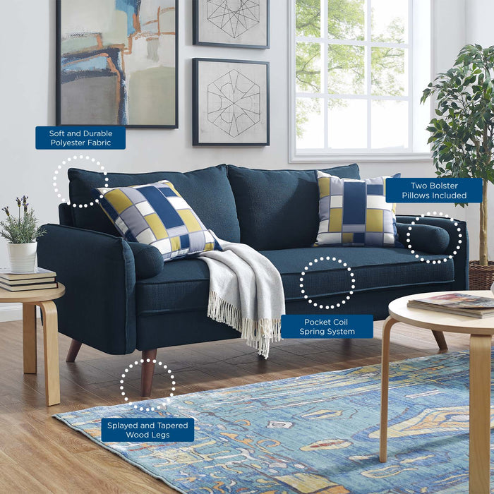 Revive Stylish Upholstered Fabric Sofa with Comfortable Design and Walnut Stained Wood Legs