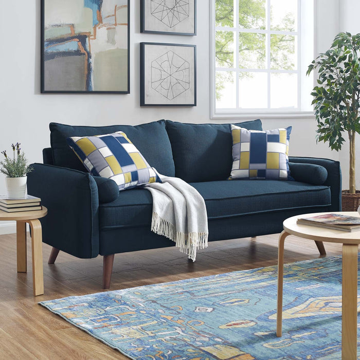 Revive Stylish Upholstered Fabric Sofa with Comfortable Design and Walnut Stained Wood Legs