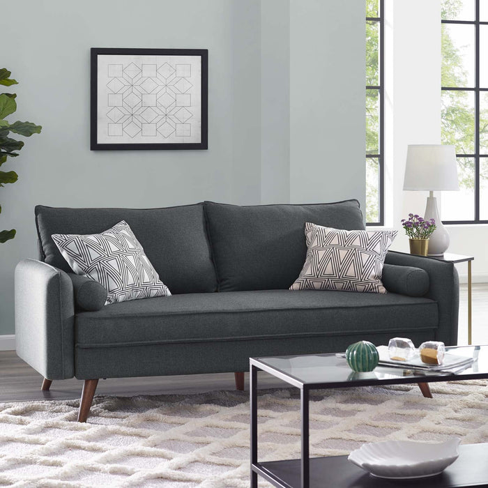 Revive Stylish Upholstered Fabric Sofa with Comfortable Design and Walnut Stained Wood Legs