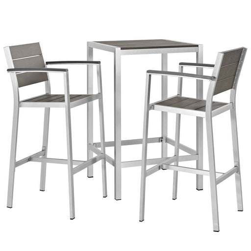 Modway Shore 3 Piece Outdoor Patio Aluminum Pub Set in Gray