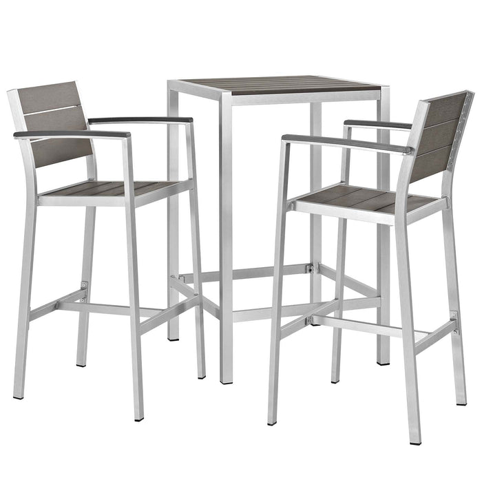 Modway Shore 3 Piece Outdoor Patio Aluminum Pub Set in Gray