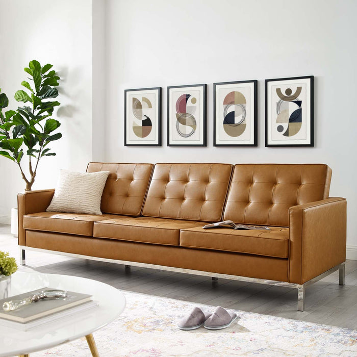 Loft Tufted Faux Leather Sofa - Mid-Century Modern Design with Stainless Steel Frame for Elegance
