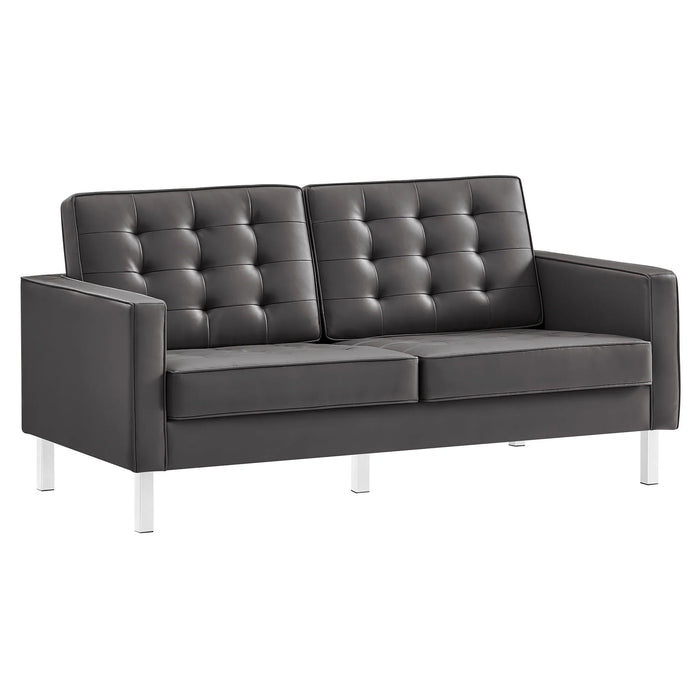 Loft Tufted Faux Leather Loveseat - Stylish Mid-Century Modern Design with Durable Stainless Steel Frame