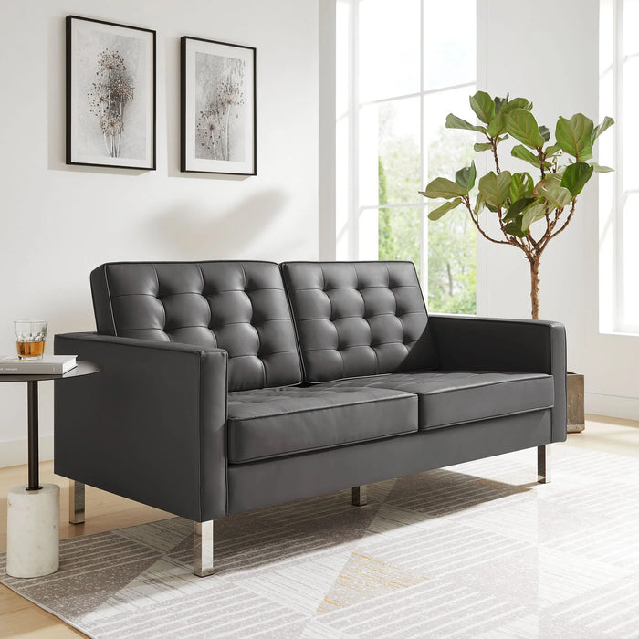 Loft Tufted Faux Leather Loveseat - Stylish Mid-Century Modern Design with Durable Stainless Steel Frame