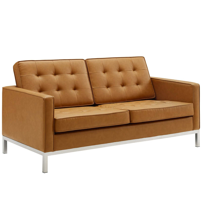 Loft Tufted Faux Leather Loveseat - Stylish Mid-Century Modern Design with Durable Stainless Steel Frame