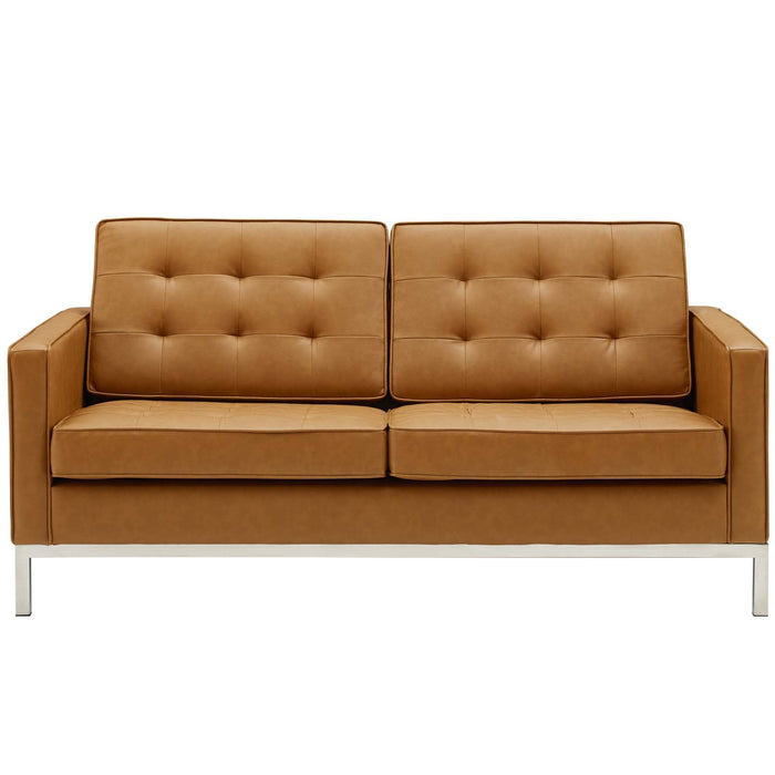 Loft Tufted Faux Leather Loveseat - Stylish Mid-Century Modern Design with Durable Stainless Steel Frame