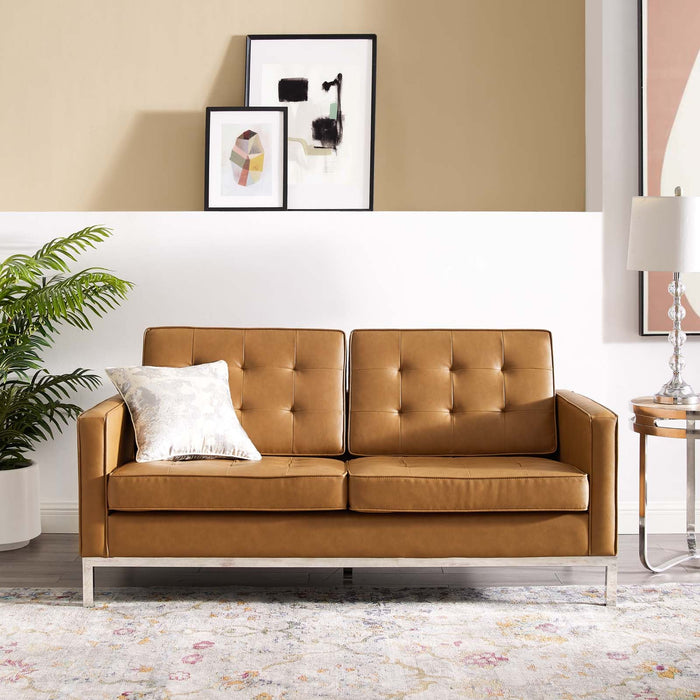 Loft Tufted Faux Leather Loveseat - Stylish Mid-Century Modern Design with Durable Stainless Steel Frame