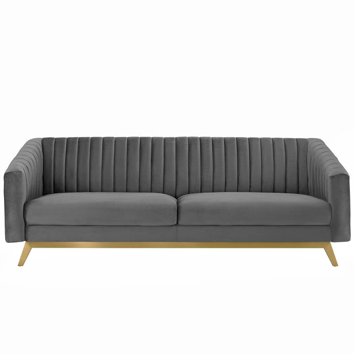 Valiant Vertical Channel Tufted Sofa - Luxurious Performance Velvet with Gold Legs for Maximum Comfort