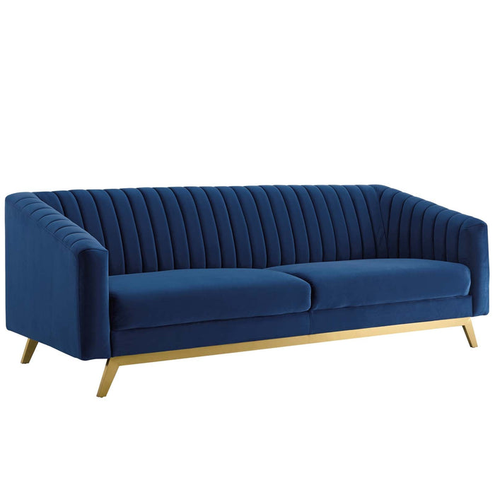 Valiant Vertical Channel Tufted Sofa - Luxurious Performance Velvet with Gold Legs for Maximum Comfort
