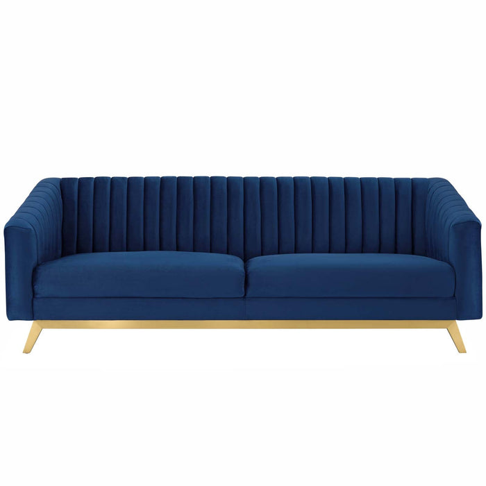 Valiant Vertical Channel Tufted Sofa - Luxurious Performance Velvet with Gold Legs for Maximum Comfort