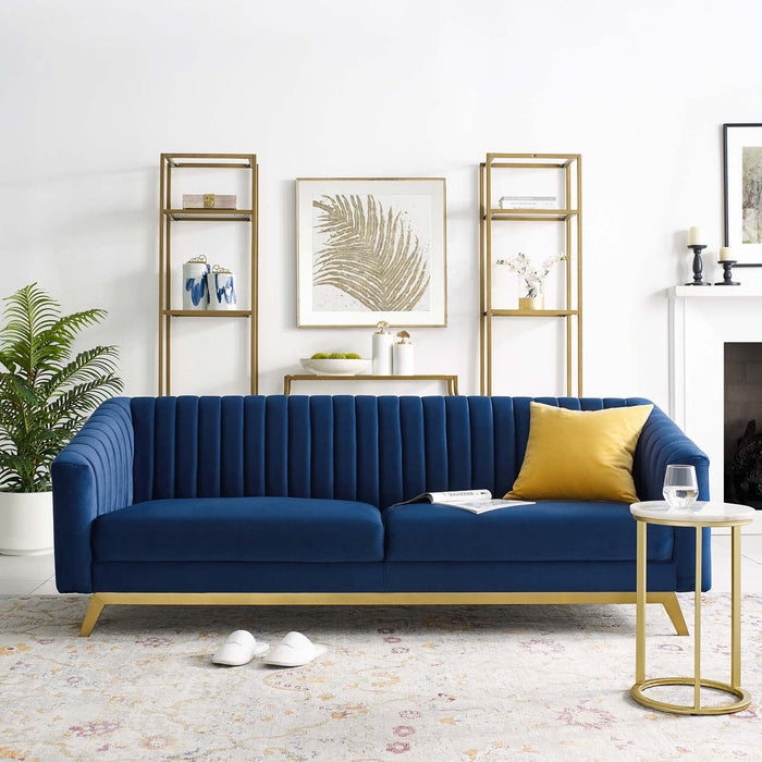 Valiant Vertical Channel Tufted Sofa - Luxurious Performance Velvet with Gold Legs for Maximum Comfort