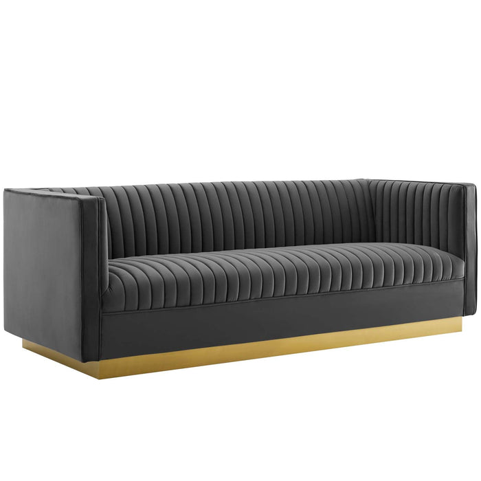 Sanguine Performance Velvet Sofa with Vertical Channel Tufting and Gold Base for Modern Glam Decor