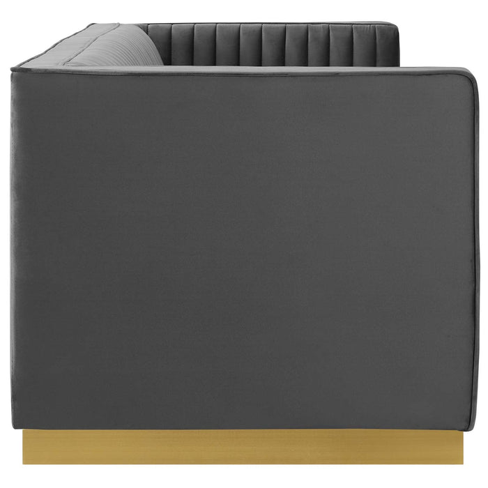 Sanguine Performance Velvet Sofa with Vertical Channel Tufting and Gold Base for Modern Glam Decor