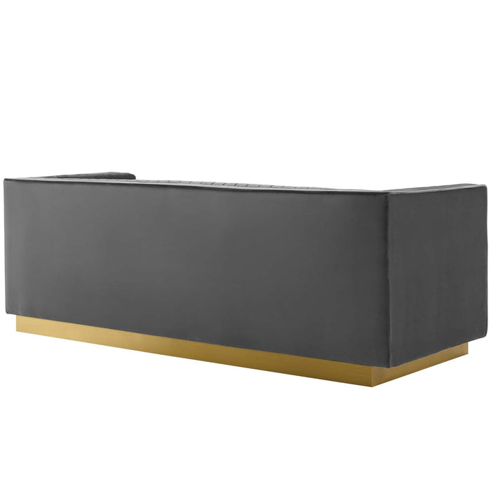 Sanguine Performance Velvet Sofa with Vertical Channel Tufting and Gold Base for Modern Glam Decor