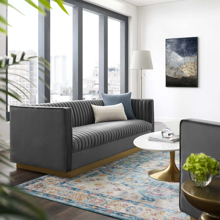 Sanguine Performance Velvet Sofa with Vertical Channel Tufting and Gold Base for Modern Glam Decor