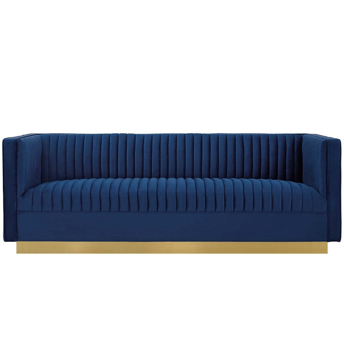 Sanguine Performance Velvet Sofa with Vertical Channel Tufting and Gold Base for Modern Glam Decor