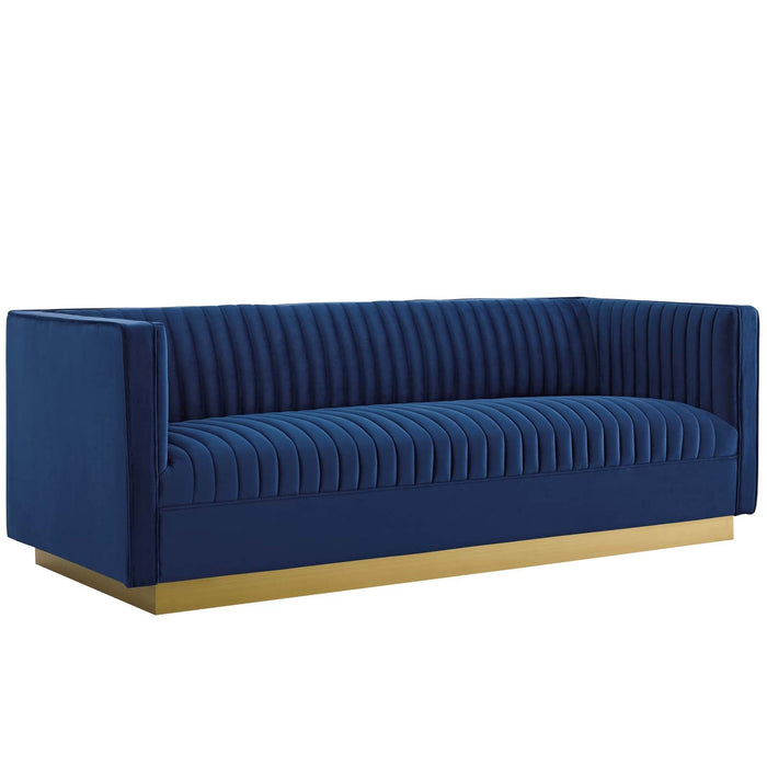Sanguine Performance Velvet Sofa with Vertical Channel Tufting and Gold Base for Modern Glam Decor