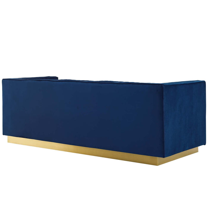 Sanguine Performance Velvet Sofa with Vertical Channel Tufting and Gold Base for Modern Glam Decor