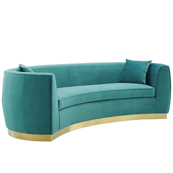 Resolute Curved Velvet Sofa - Luxurious Stain-Resistant Upholstery with Gold Base & Accent Pillows