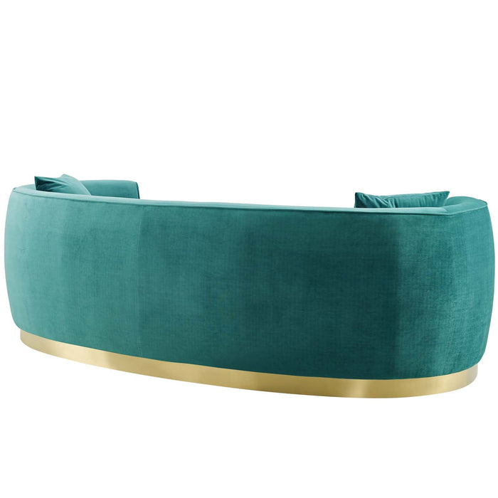 Resolute Curved Velvet Sofa - Luxurious Stain-Resistant Upholstery with Gold Base & Accent Pillows