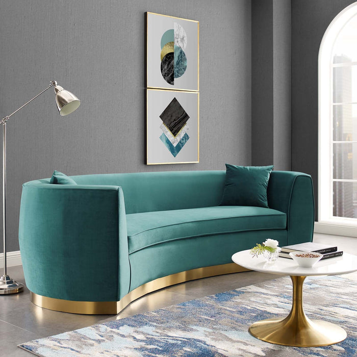 Resolute Curved Velvet Sofa - Luxurious Stain-Resistant Upholstery with Gold Base & Accent Pillows