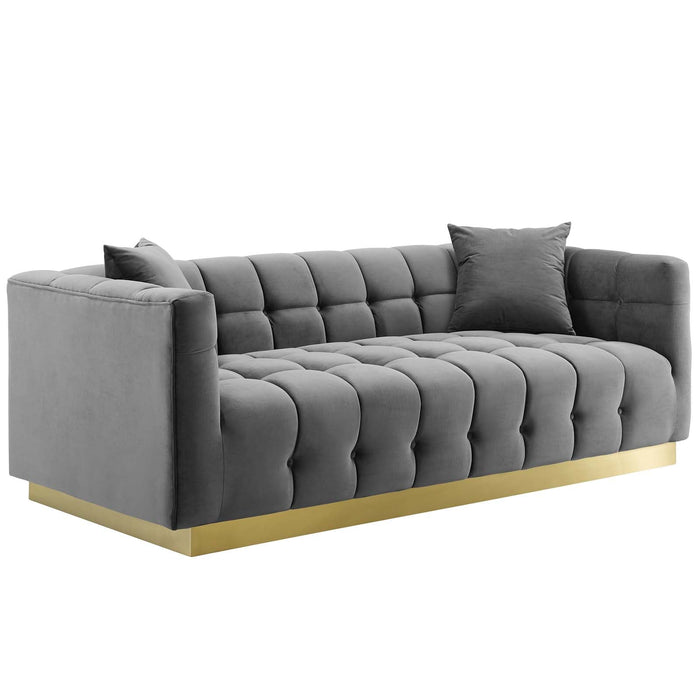 Vivacious Biscuit Tufted Velvet Sofa with Gold Base – Luxurious Comfort & Vintage Style Living Room