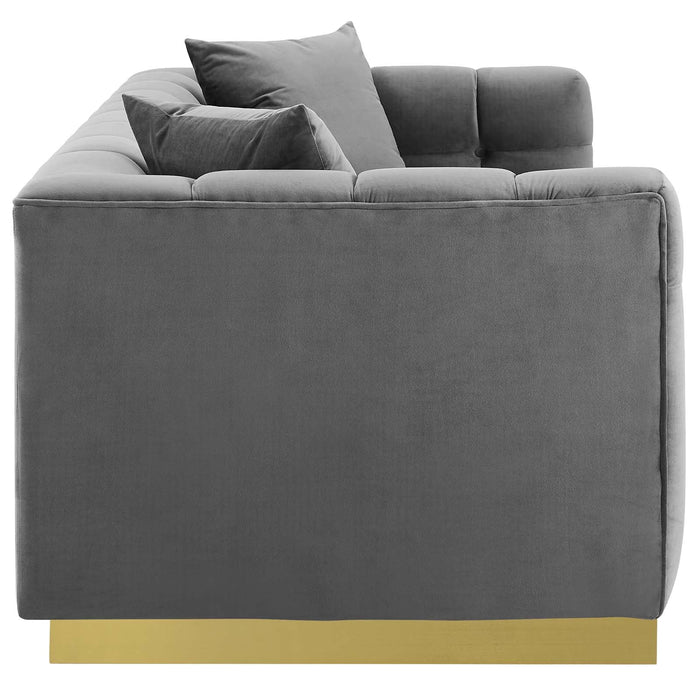Vivacious Biscuit Tufted Velvet Sofa with Gold Base – Luxurious Comfort & Vintage Style Living Room
