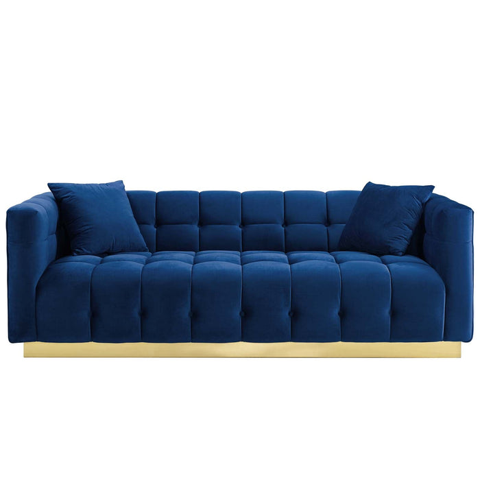 Vivacious Biscuit Tufted Velvet Sofa with Gold Base – Luxurious Comfort & Vintage Style Living Room