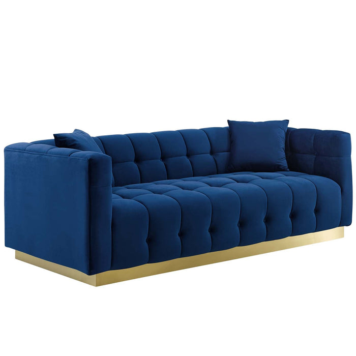 Vivacious Biscuit Tufted Velvet Sofa with Gold Base – Luxurious Comfort & Vintage Style Living Room